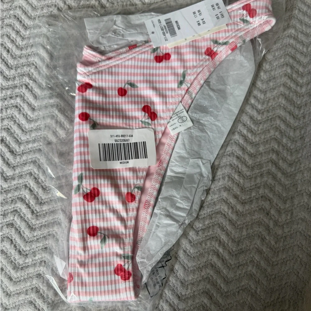 Hollister Pink White Striped Cherry Print Bikini Set